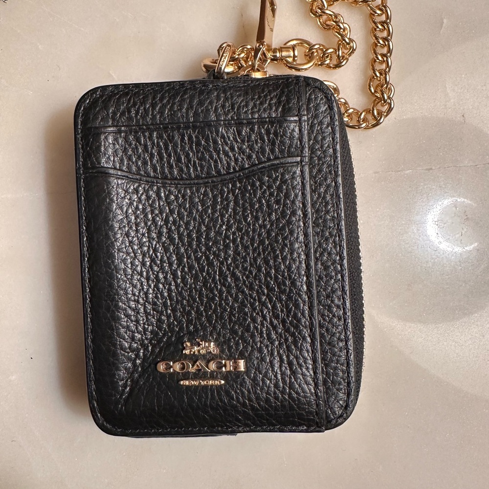Coach Black Leather Card Holder with Gold Chain